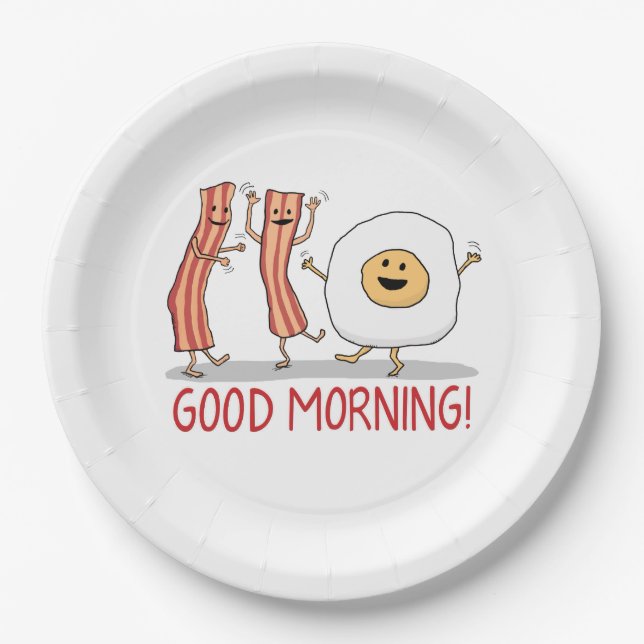 Cute and Funny Bacon and Egg Good Morning Paper Plates (Front)