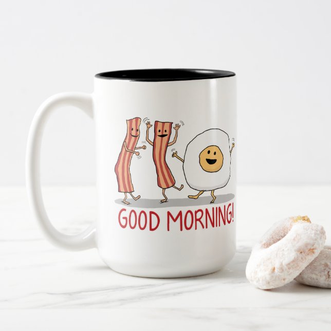 Cute and Funny Bacon and Egg Good Morning Two-Tone Coffee Mug (With Donut)