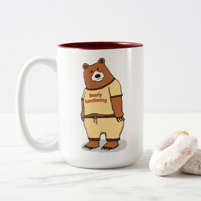 Cute and Funny Bearly Functioning Bear Two-Tone Coffee Mug (With Donut)