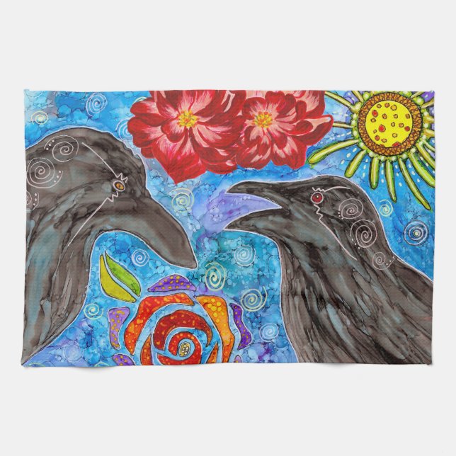 Cute and Funny Bickering Crows Kitchen Towel (Horizontal)