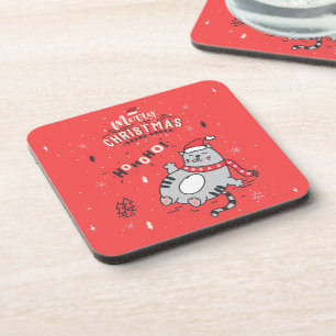 Cute and Funny Cat Christmas joyful Greetings Beverage Coaster