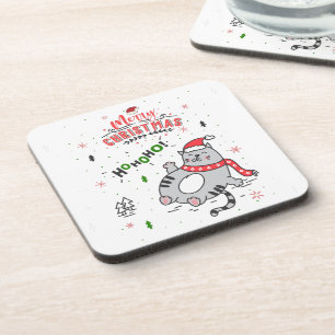 Cute and Funny Cat Christmas joyful Greetings Beverage Coaster