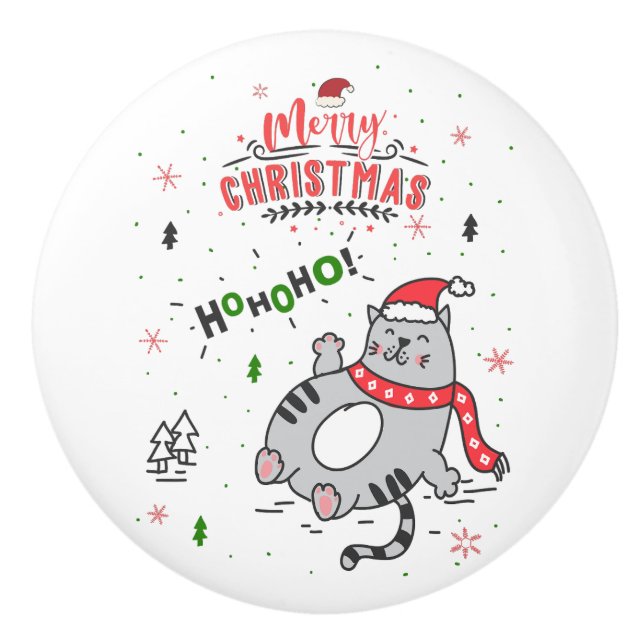 Cute and Funny Cat Christmas joyful Greetings Ceramic Knob (Front)