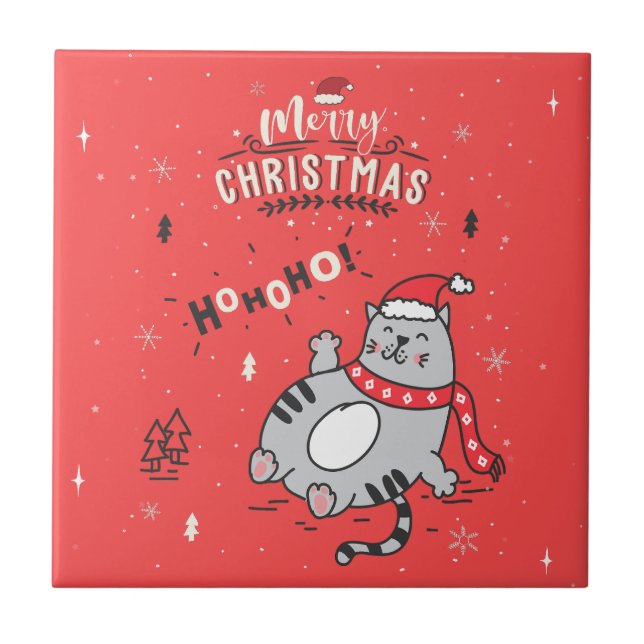Cute and Funny Cat Christmas joyful Greetings Ceramic Tile (Front)