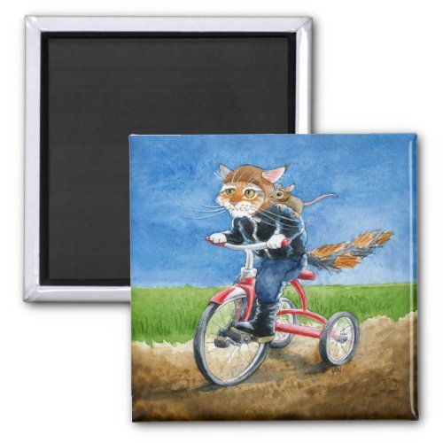 Cute and funny cat  mouse riding tricycle magnet