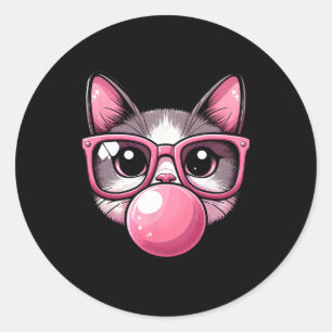Cute And Funny Cat Pink Sungles And Blowing Bubble Classic Round Sticker