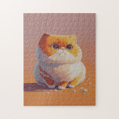 Cute and Funny Chubby Cat on Orange Illustration Jigsaw Puzzle