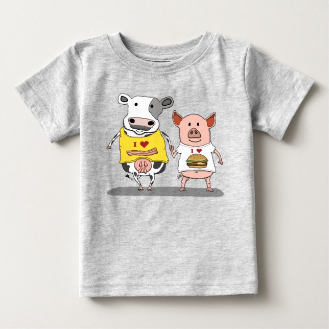 Cute and Funny Cow and Pig Friends Baby T-Shirt (Front)