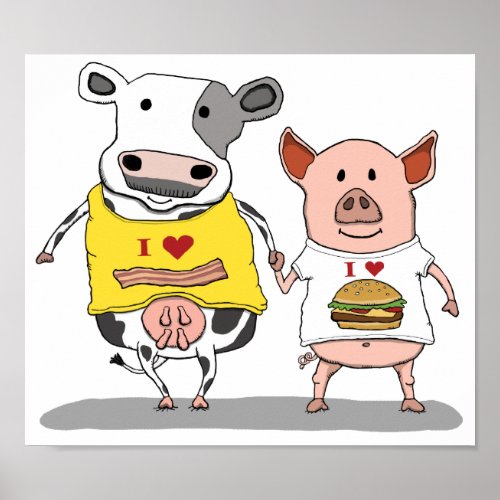 Cute and Funny Cow and Pig Friends Poster