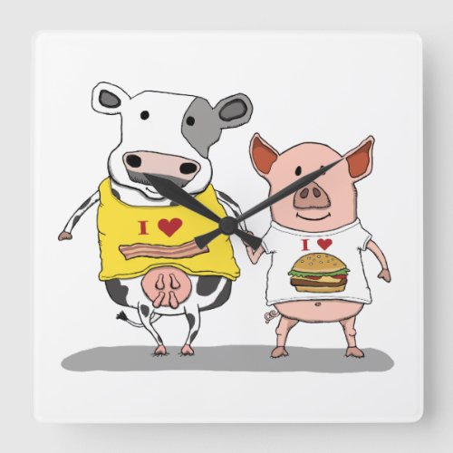 Cute and Funny Cow and Pig Friends Square Wall Clock