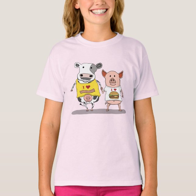 Cute and Funny Cow and Pig Friends T-Shirt (Front)