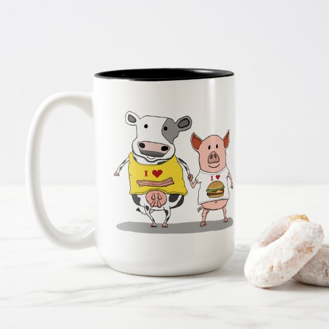 Cute and Funny Cow and Pig Friends Two-Tone Coffee Mug (With Donut)
