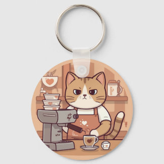 Cute and Funny Cozy Cartoon Barista Cat Keychain
