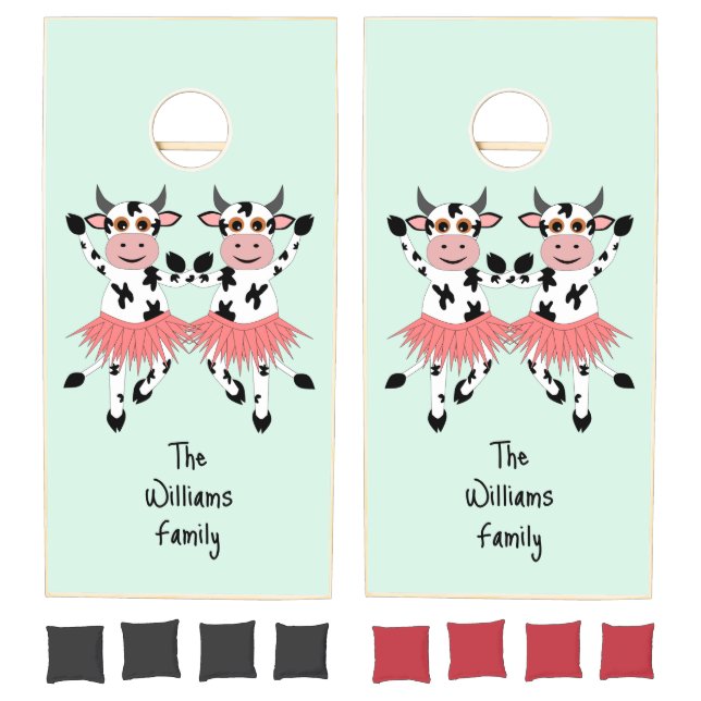 Cute and funny dancing cows personalizable family  cornhole set (Set)