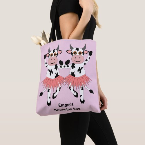 Cute and funny dancing cows   tote bag