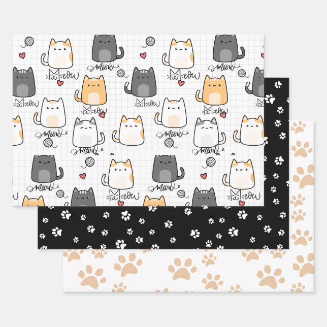 Cute and Funny Doddle Cats Cat Lover Wrapping Paper Sheets (Set)