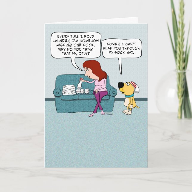 Cute and Funny Dog With Sock Hat Birthday Card (Front)