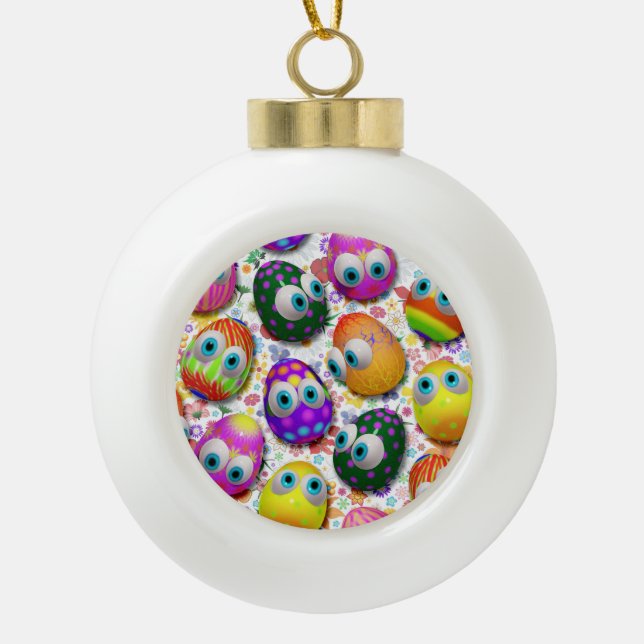 Cute and Funny Easter Eggs Cartoon Ceramic Ball Christmas Ornament (Front)