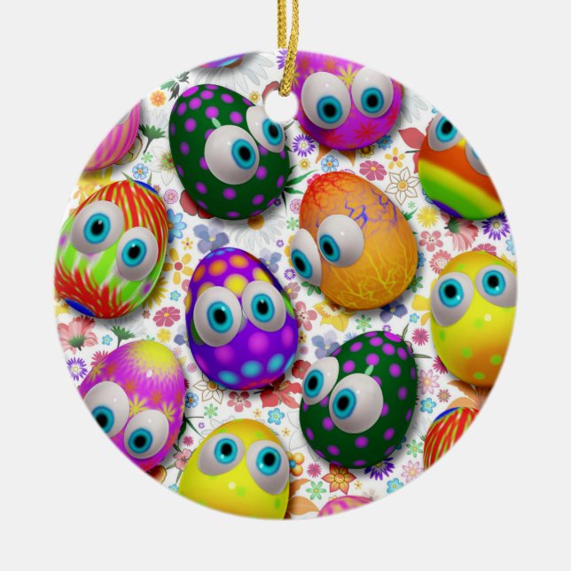 Cute and Funny Easter Eggs Cartoon Ceramic Ornament (Front)