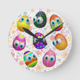 Cute and Funny Easter Eggs Cartoon Round Clock