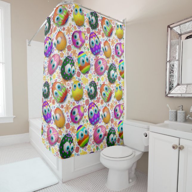 Cute and Funny Easter Eggs Cartoon Shower Curtain (In Situ)