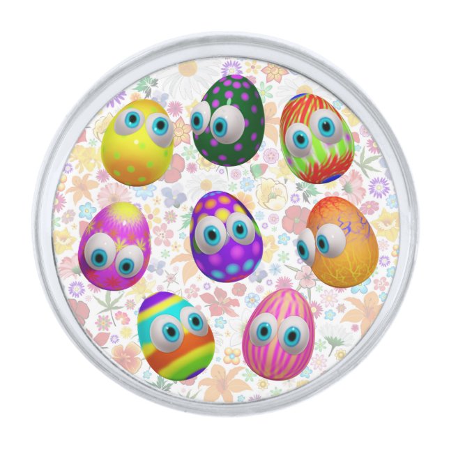 Cute and Funny Easter Eggs Cartoon Silver Finish Lapel Pin (Front)