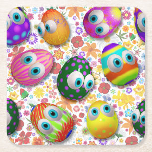 Cute and Funny Easter Eggs Cartoon Square Paper Coaster