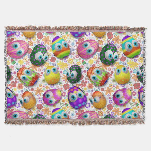 Cute and Funny Easter Eggs Cartoon Throw Blanket (Front)