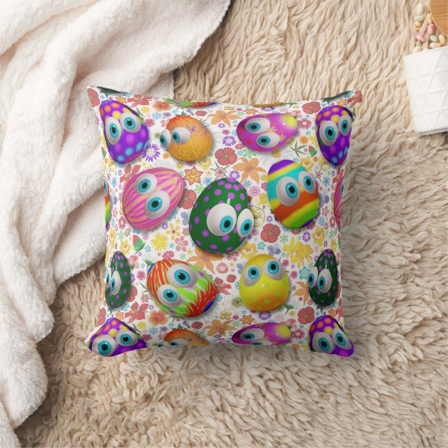 Cute and Funny Easter Eggs Cartoon Throw Pillow (Blanket)