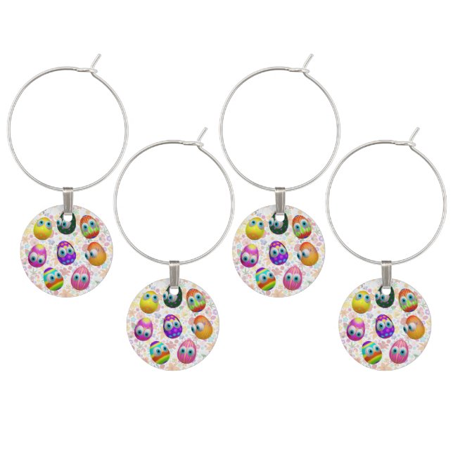 Cute and Funny Easter Eggs Cartoon Wine Charm (Staggered)
