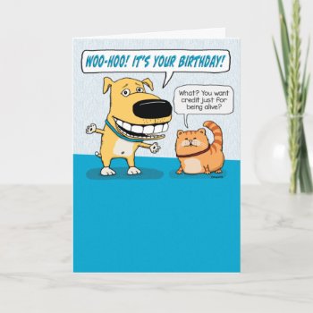 Cute And Funny Excited Dog And Grumpy Cat Birthday Card by chuckink at Zazzle