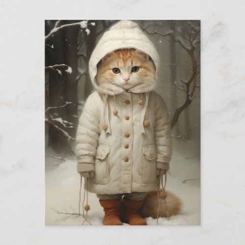 Cute and Funny Ginger Cat in Snow Postcard