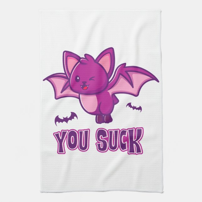 Cute and Funny Halloween Vampire Bats You Suck Kitchen Towel (Vertical)