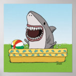 Cute And Funny Happy Shark In Pool Poster at Zazzle