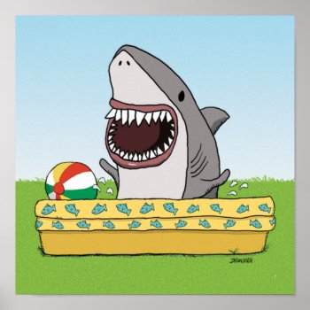 Cute And Funny Happy Shark In Pool Poster by chuckink at Zazzle
