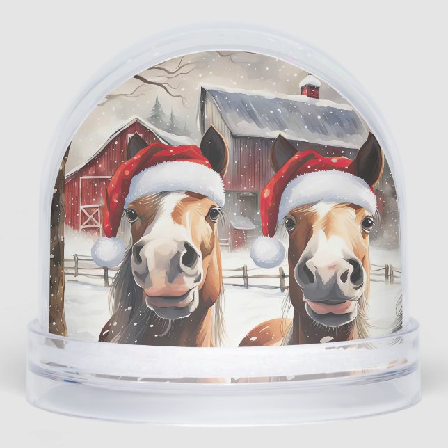 Cute and Funny Horses in Snow Christmas Snow Globe (Front)