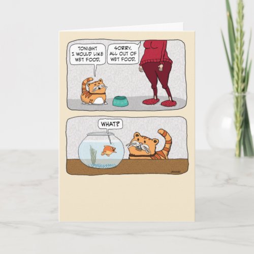 Cute and Funny Hungry Cat and Fish Birthday Card