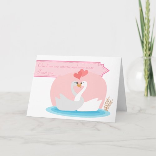 Cute and funny illustration of swans in love holiday card