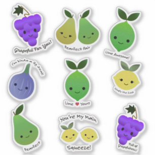 Cute and Funny Kawaii Fruit Puns Sticker Sets