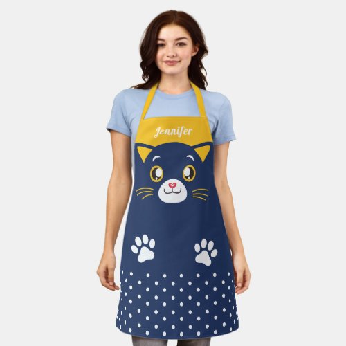 Cute and Funny Kitten Face Polka Dots Paw Apron