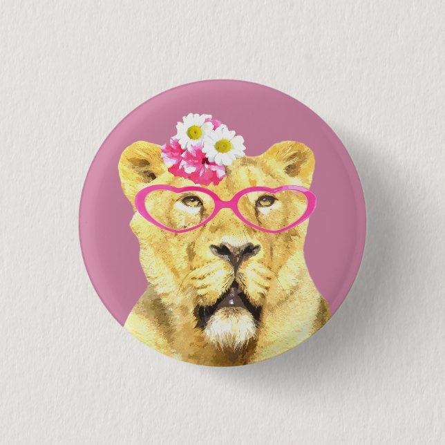 Cute and funny lioness jungle wild animal button (Front)