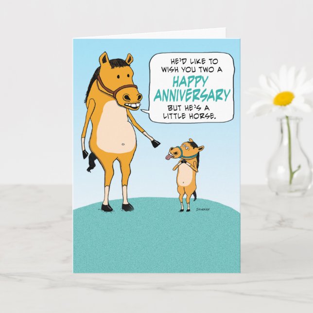 Cute and Funny Little Horse Happy Anniversary Card (Small Plant)