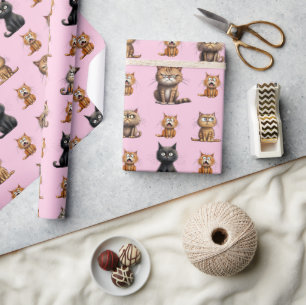 Cute And Funny Mad Angry Black, Orange Cat Pink Wrapping Paper