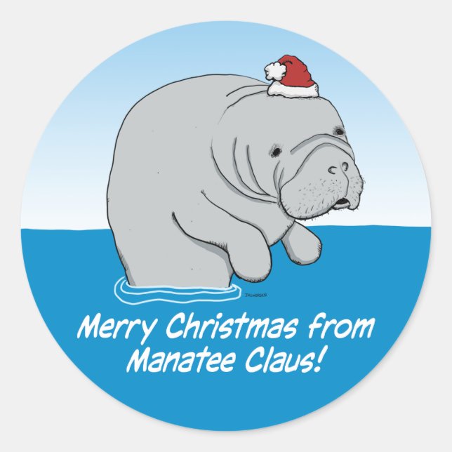 Cute and funny Manatee Claus Classic Round Sticker (Front)