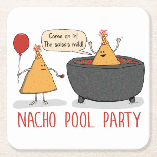 Cute and Funny Nacho Pool Party in Salsa Square Paper Coaster
