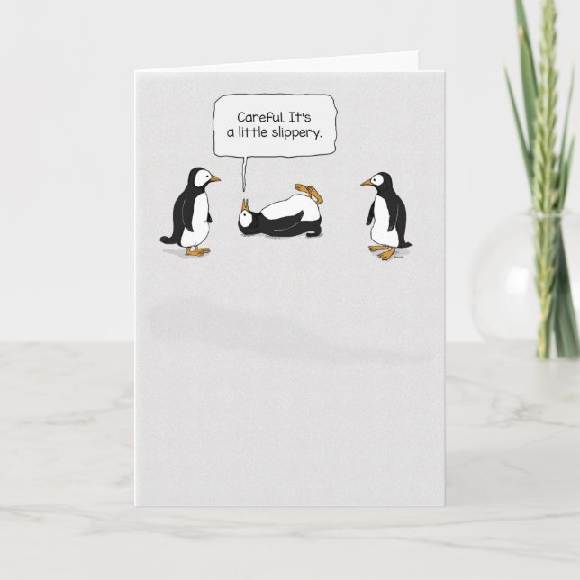 Cute and Funny Penguin Slips on Ice Birthday Card (Front)