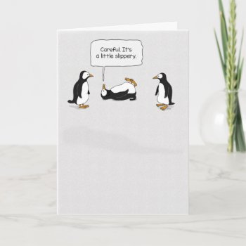 Cute And Funny Penguin Slips On Ice Birthday Card by chuckink at Zazzle