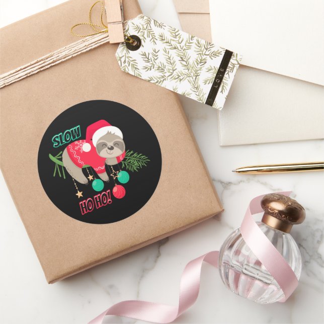 Cute and Funny Santa's Sloth Slow Ho Ho Classic Round Sticker (Gifting)