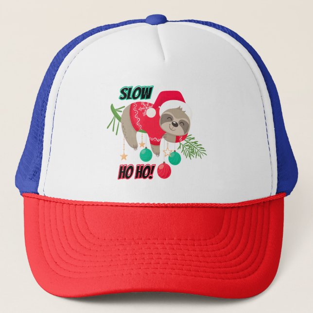 Cute and Funny Santa's Sloth Slow Ho Ho Trucker Hat (Front)
