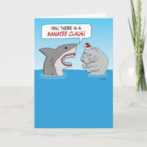 Cute and funny shark and Manatee Claus Christmas Card
